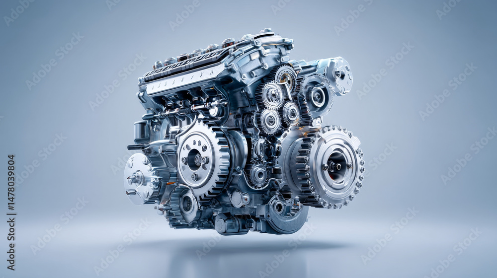 Poster detail of a modern engine showcasing advanced mechanical components and design.