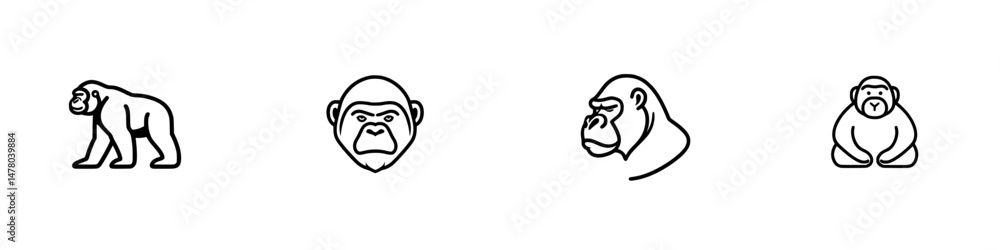 Poster vector illustration of diverse gorilla icons showcasing various poses and expressions with a minimal