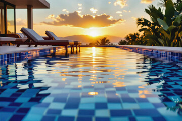 Fototapeta premium A luxurious infinity pool reflects a vibrant sunset over a tropical landscape, creating a serene and inviting scene.