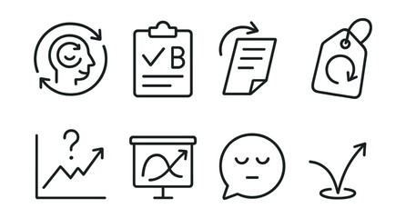Line style icons of adaptability and flexibility: change-friendly mindset badge, plan B icon, shift with flow file, “try again” tag, handle uncertainty chart, reframe setback board, stay calm under
