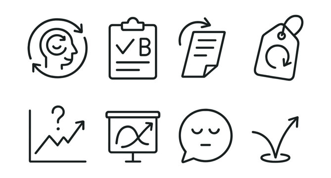 Line style icons of adaptability and flexibility: change-friendly mindset badge, plan B icon, shift with flow file, “try again” tag, handle uncertainty chart, reframe setback board, stay calm under