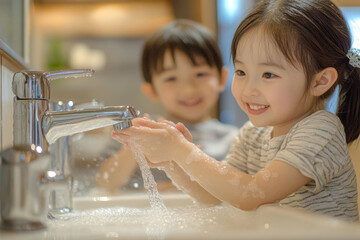 child mother hand hygiene family water clean care washing boy son soap woman bathroom together health female little healthy sink home routine morning parent cleaning