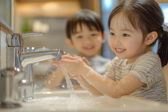 child mother hand hygiene family water clean care washing boy son soap woman bathroom together health female little healthy sink home routine morning parent cleaning