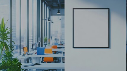 Empty modern office space interior with blank picture frame.