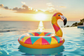 Obraz premium A vibrant, inflatable flamingo float rests serenely in a pool, silhouetted against a warm sunset over the ocean.