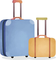 Travel luggage in watercolor style illustration. Blue and brown suitcase for traveling cartoon hand drawn doodle. For asset, graphic element, design, tour