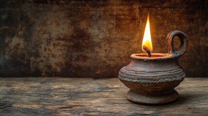 Burning oil lamp in clay pot on rustic wood