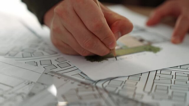 A video of architect with triangle ruler and pencil to measure blueprint. Architect designing house construction on a table at studio, architectural plan scattered around. Focus on hand. Delineation.