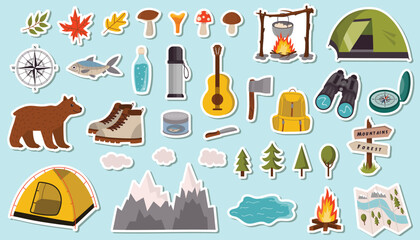 Cartoon stickers set for summer camping in flat style. Includes playful outdoor elements like tents, fires, backpacks, and trees. Perfect for kids, planners, scrapbooks, or travel-themed crafts.
