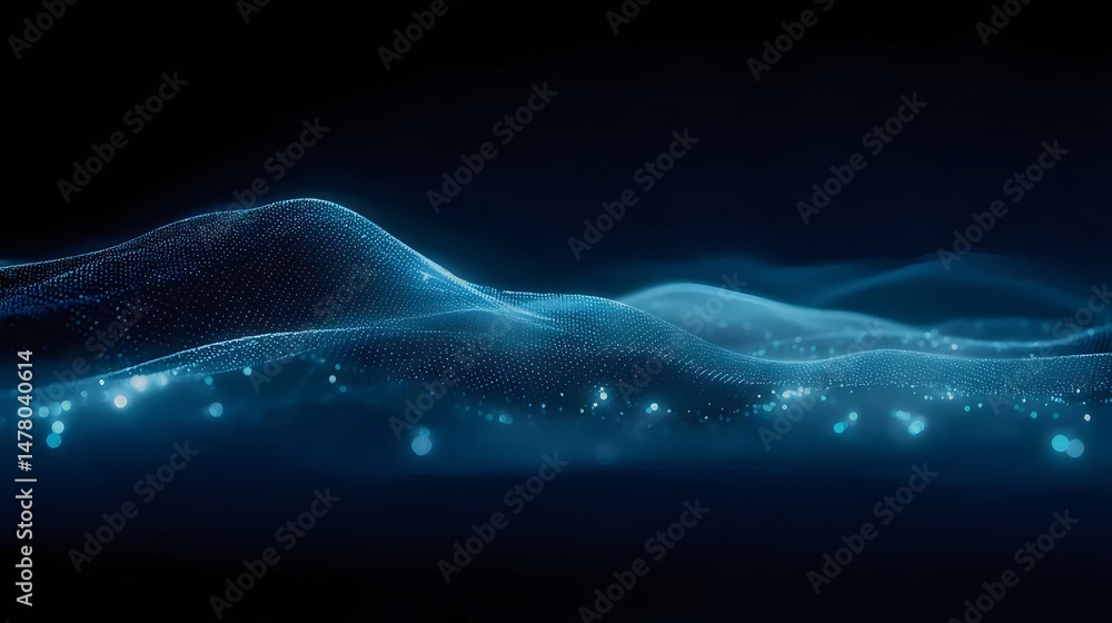 Aufkleber abstract blue wave flowing across a dark backdrop with particle effects and light streaks for techno