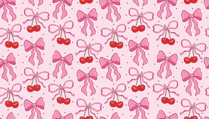 Cute seamless pattern featuring cherries and delicate bows in trendy coquette style. Feminine and flirty design ideal for backgrounds, fabric, gift wrap, or lifestyle branding.