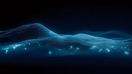 Abstract Blue Wave Flowing Across a Dark Backdrop with Particle Effects and Light Streaks for Technological Theme