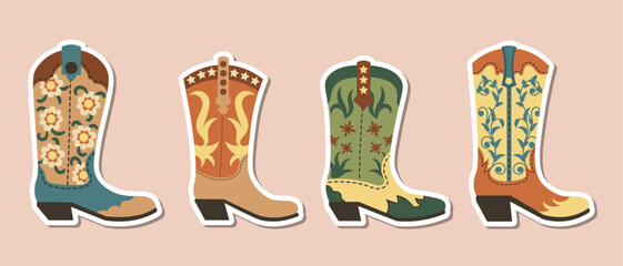 Set of cowboy and cowgirl boots stickers in flat style. Fun and colorful western-themed illustrations featuring different boot designs, ideal for planners, scrapbooks, stationery, or themed crafts.