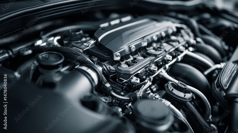 Poster detailed view of an engine showcasing complex mechanical components and technology.