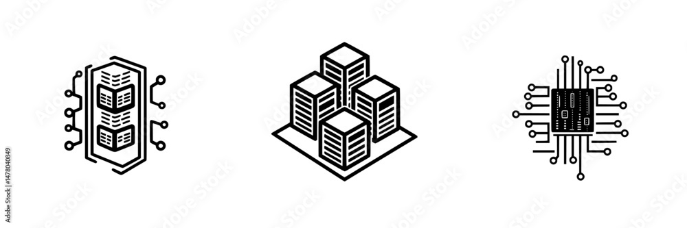 Poster vector illustration of technology icons representing data storage, server systems, and microchip des
