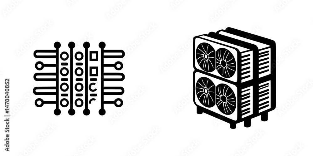 Poster vector illustration of technology icons representing data processing and graphics hardware in a digi
