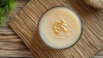 Korean rice punch drink Sikhye pine nuts top down view of sikhye a traditional cold sweet rice beverage with floating pine nuts served in a glass bowl on a bamboo mat