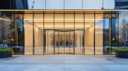 Modern building entrance with glass walls and revolving doors at dusk