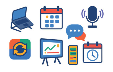 Isometric flat vector set of illustrations of hybrid work essentials: laptop stand, calendar app, noise-canceling mic, task app sync, team messaging icon, smart whiteboard, project tracker, meeting