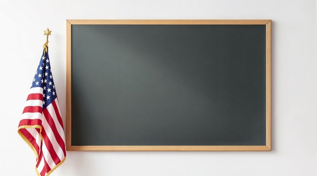 American flag beside chalkboard on white wall for Independence Day  