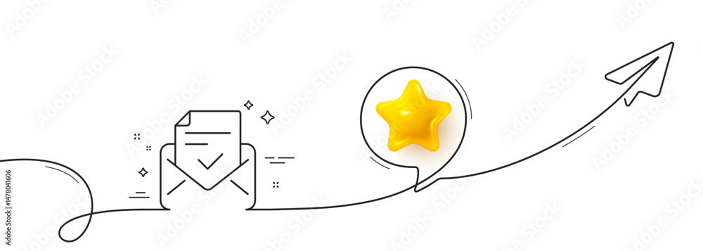 Poster approved mail line icon. continuous line with share plane. accepted or confirmed sign. document symb