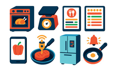 Isometric flat vector set of illustrations of smart kitchen tools: app-controlled oven, digital scale, smart recipe screen, meal planner, ingredient scanner, food sensor, connected fridge, cooking