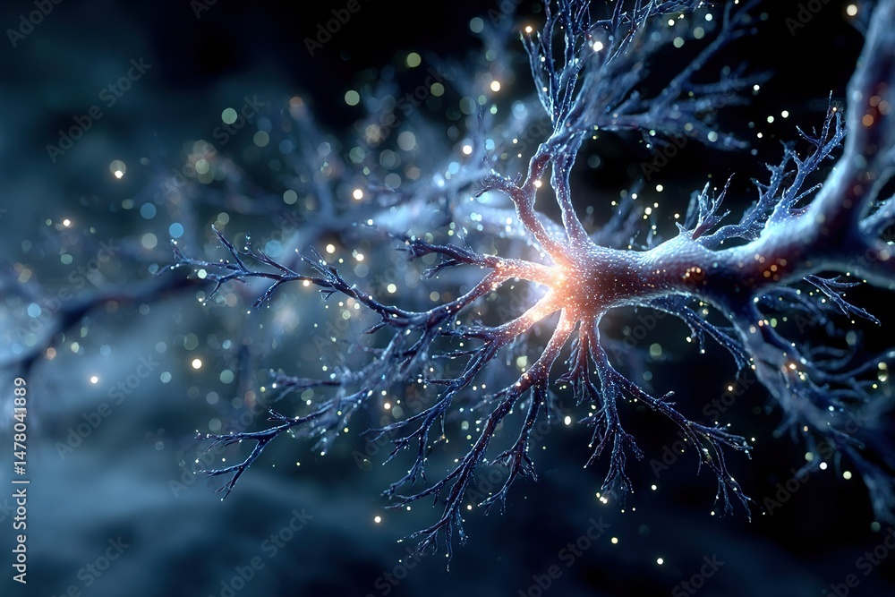 Poster intricate neural network illuminated by shimmering particles in a dark environment showcasing the be
