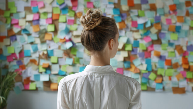 Creative brainstorming in a minimalistic office with colorful sticky notes and a focused professional