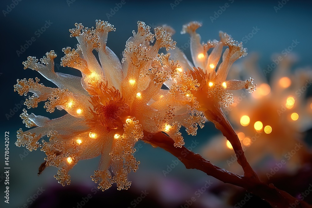 Poster intricate glowing flowers illuminated in soft light create a dreamlike atmosphere in a tranquil sett