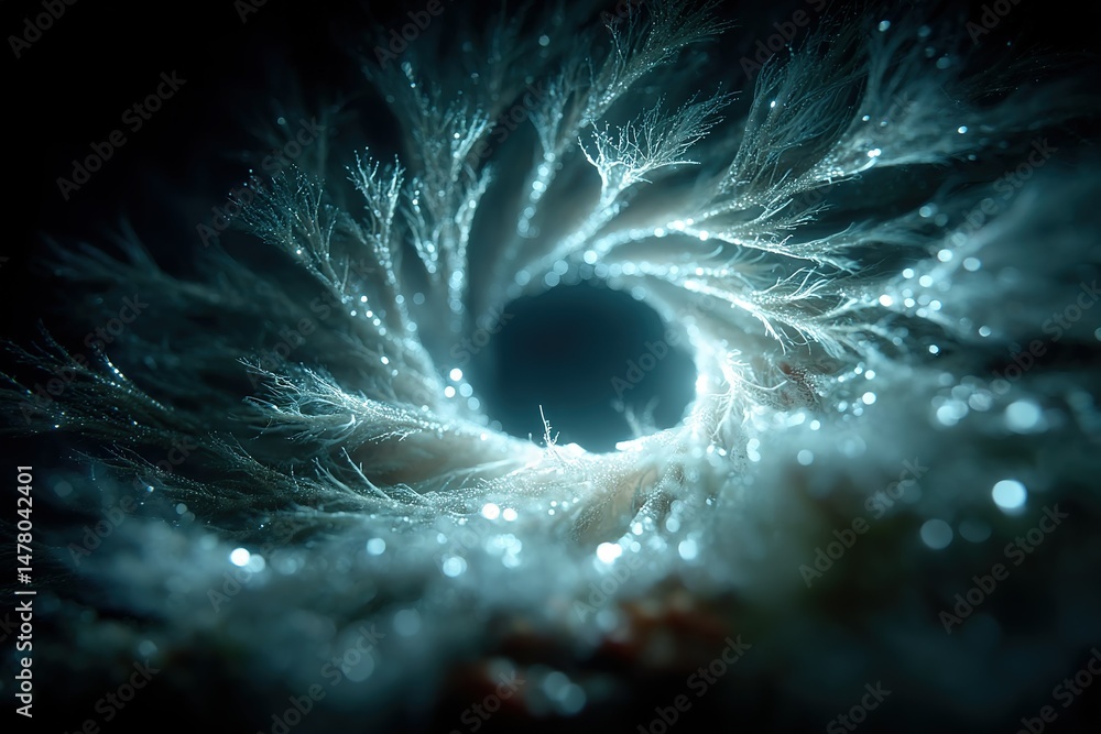 Poster swirling patterns of light and texture create a mesmerizing vortex in a dark underwater setting