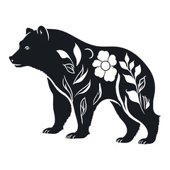 Floral Bear Silhouette Vector – Animal Outline with Leaves and Flower