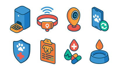 Isometric flat vector set of illustrations of smart pet tech: automatic feeder, GPS collar, health tracker, pet cam, app sync icon, vet alert, behavior report, hydration reminder.