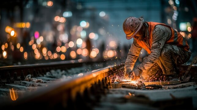 Industrial Worker Welding with Sparks in a Factory Environment