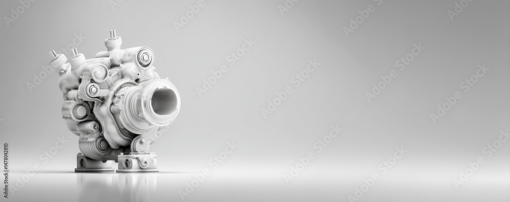 Poster futuristic design of a white mechanical component on a minimalistic backdrop.