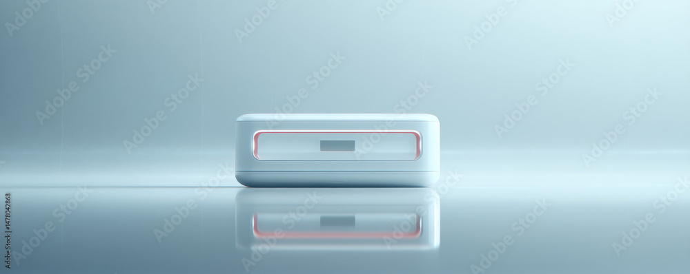 Poster futuristic device on sleek surface with soft reflection in modern background.