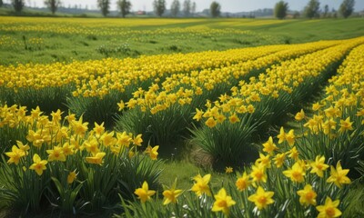 Vibrant yellow daffodils carpet a sunny green field, blossoms abundant , bloom, nature