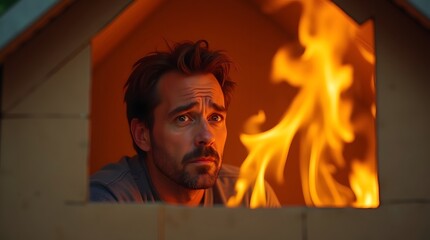 Fototapeta premium A concerned Caucasian man looks out from a cardboard playhouse as flames flicker nearby, creating a dramatic and tense atmosphere.