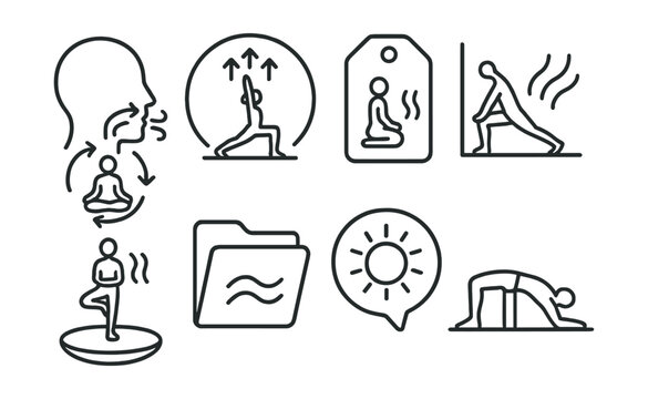 Line style icons of breath in yoga practice: breath cue with asana icon, inhale in warrior badge, pose + breath tag, flow with exhale chart, breath for balance board, ujjayi file, sun breath bubble,