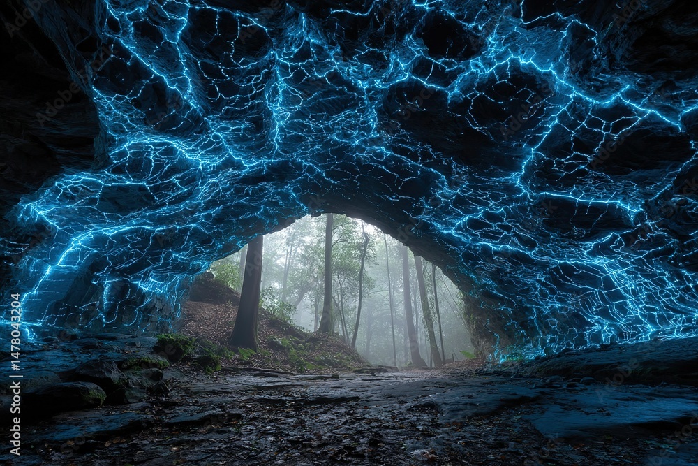 Poster mystical cave with glowing blue light formations surrounded by trees and fog in a forest setting