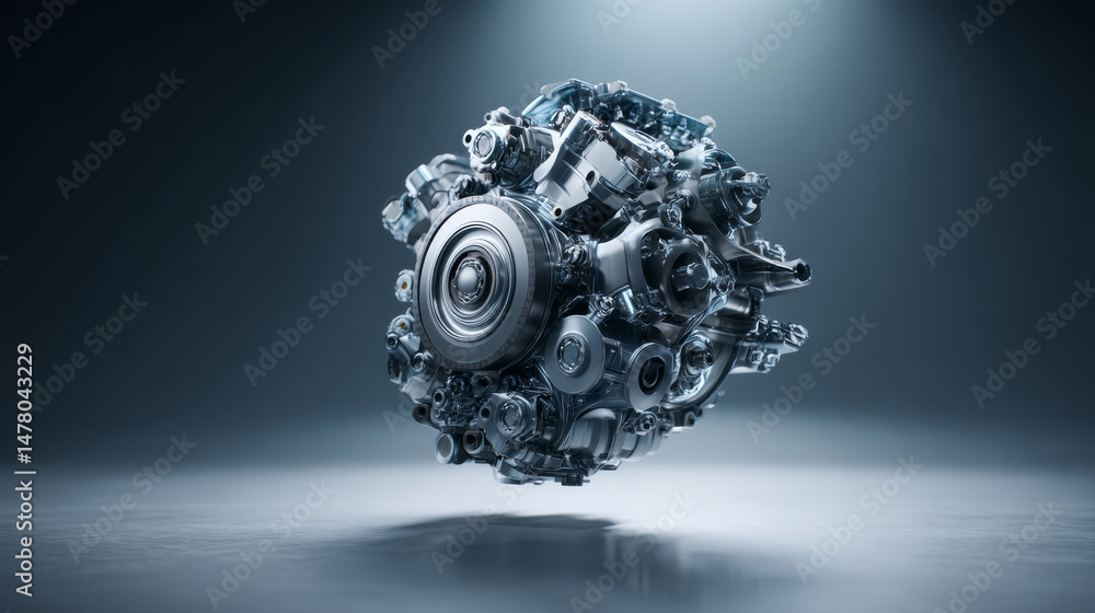 Poster futuristic engine component floating in light, showcasing advanced engineering design.