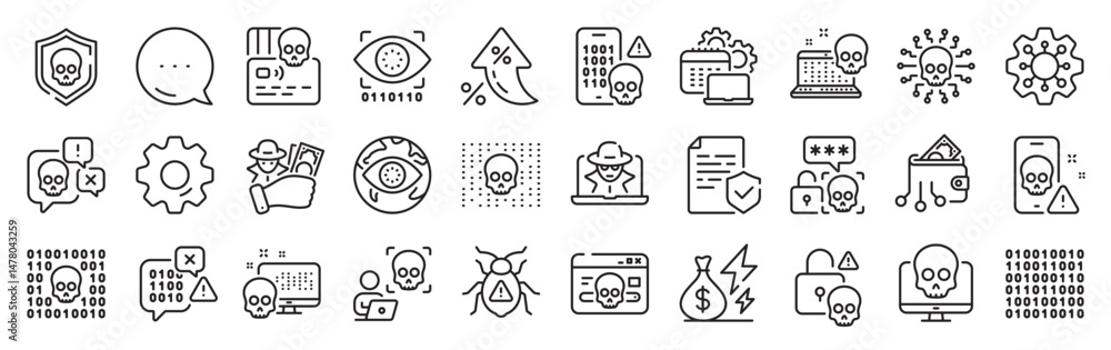 Aufkleber cyber attack line icons. settings gear, message, inflation icons. phishing risk, data ransomware, bi