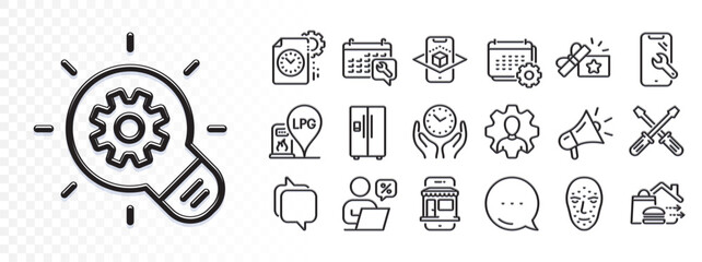Food delivery, Professional and Megaphone line icons for web app. Glare of light effect. Message icon. Pack of Smartphone repair, Gas station, Messenger pictogram icons. Vector