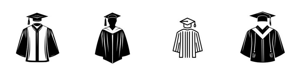 Graduation cap and gown vector illustration collection showcasing different styles and designs for academic ceremonies