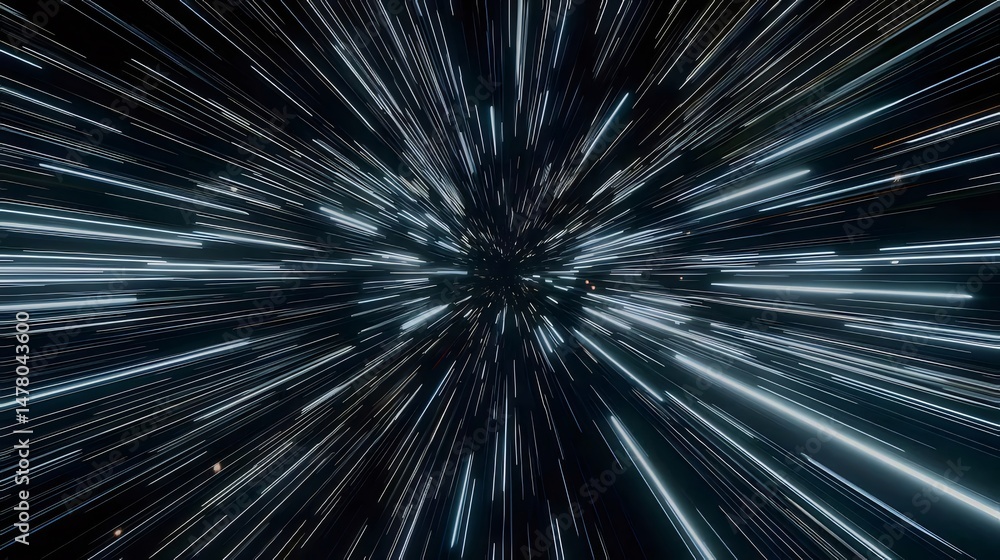Poster abstract light streaks in tunnel perspective with dark backdrop for technological motion speed