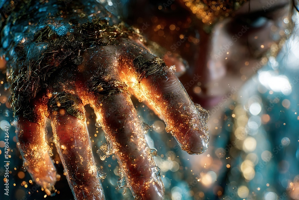 Aufkleber close-up of a glowing hand reaching out amidst sparkling particles in an artistic expression of ligh