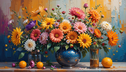 Colorful Floral Bouquet with Sunflowers, Daisies, and Wildflowers in a Blue Vase - A Vibrant Display with Oranges and a Rich Textured Background