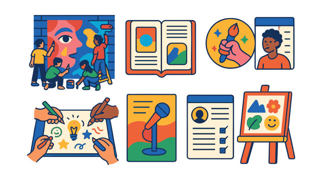 Isometric flat vector set of illustrations of teen-led art collective: shared mural wall, digital zine icon, creativity badge, artist bio card, collaborative sketch pad, event flyer, grant form,
