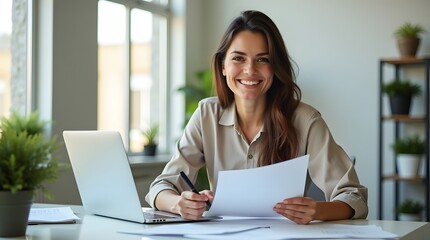 Smiling young woman of Caucasian descent sitting at a desk with laptop, reviewing documents in a bright office setting.