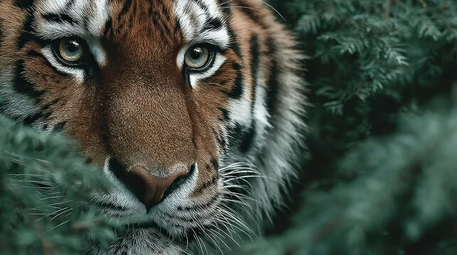 Closeup portrait of a tiger in the wild hidden in the bushes