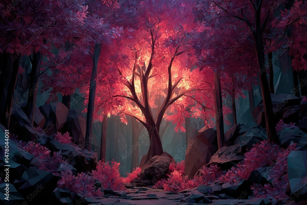 Poster majestic autumn tree illuminated by soft light in an enchanted forest during twilight hours
